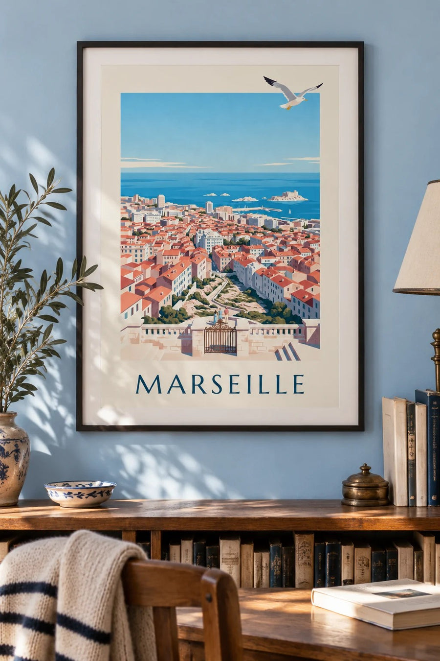 Póster con vistas de Marsella desde Notre-Dame-de-la-Garde : enmarcado en la pared