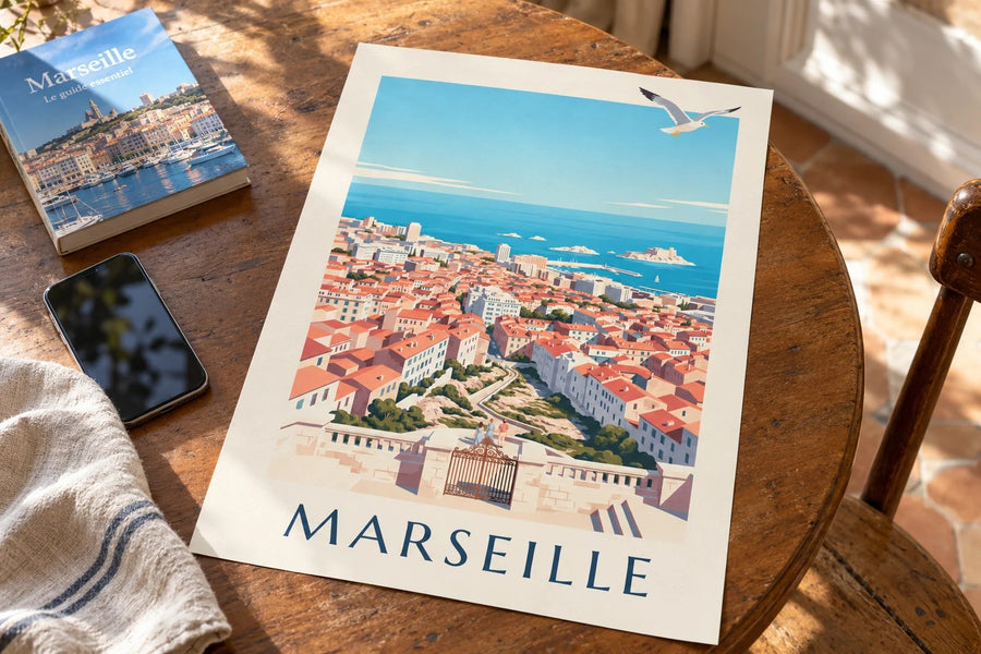 Póster con vistas de Marsella desde Notre-Dame-de-la-Garde : apoyado sobre una mesa