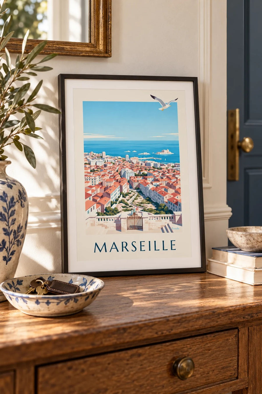 Póster con vistas de Marsella desde Notre-Dame-de-la-Garde : formato pequeño A4 enmarcado
