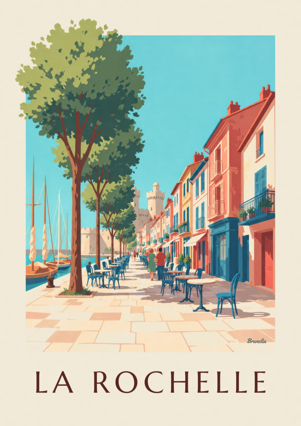 Póster del Gabut en La Rochelle, con casas de colores