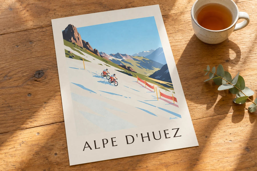 Affiche Alpe d'Huez, VTT sur la neige : posée sur une table