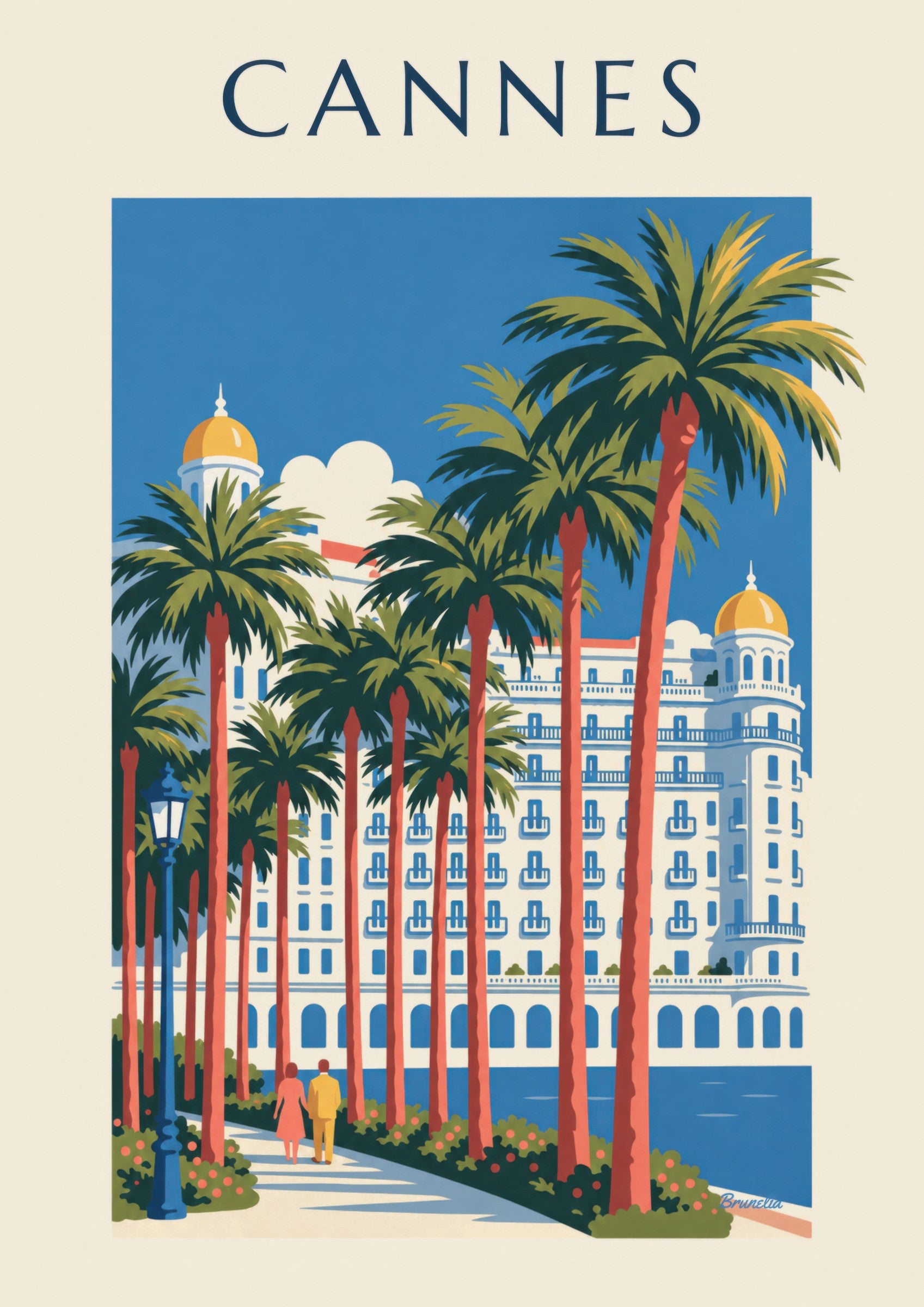 Affiche Croisette de Cannes, palmiers et palace: detalle en primer plano