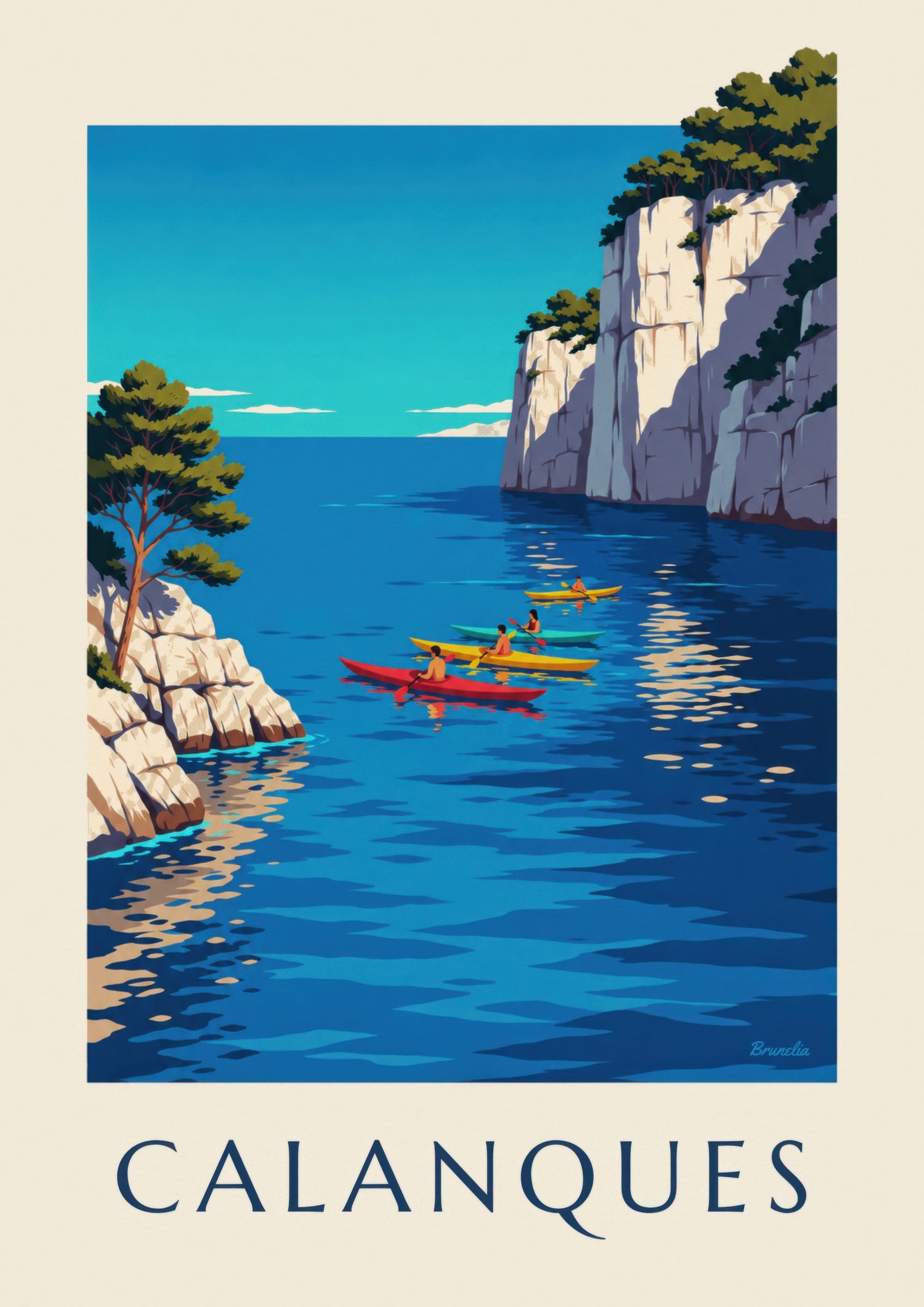 Affiche kayaks de mer dans les calanques: detalle en primer plano