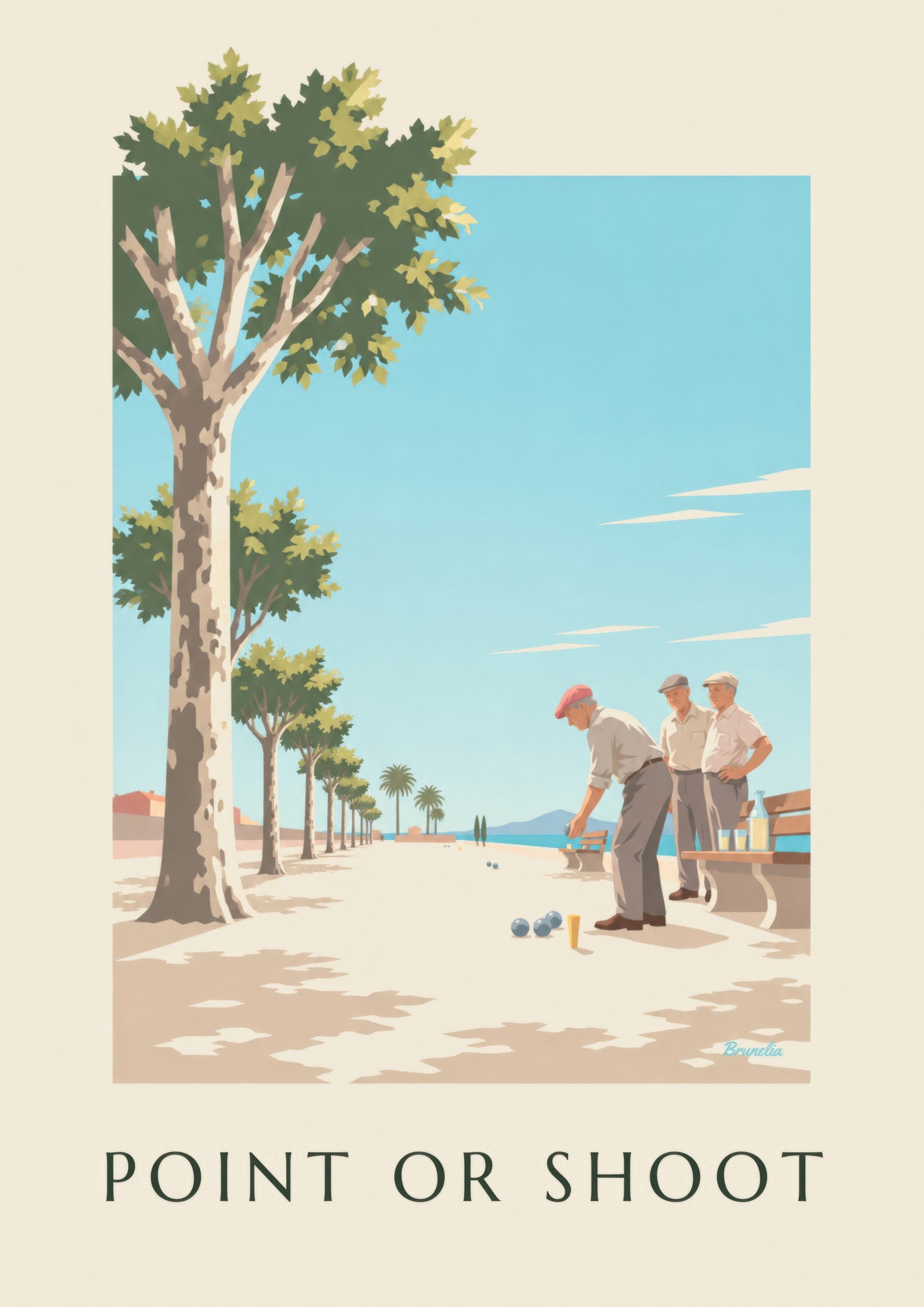 Affiche partie de pétanque sous les platanes: detalle en primer plano