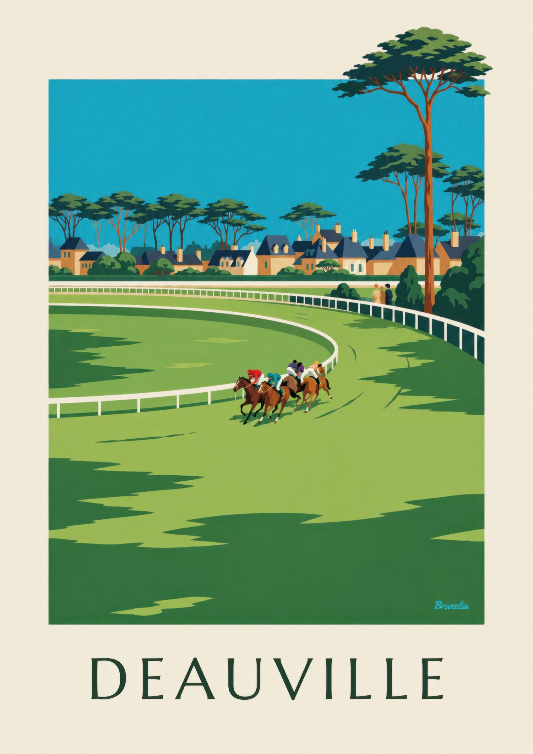 Affiche Deauville hippodrome et chevaux au galop: detalle en primer plano