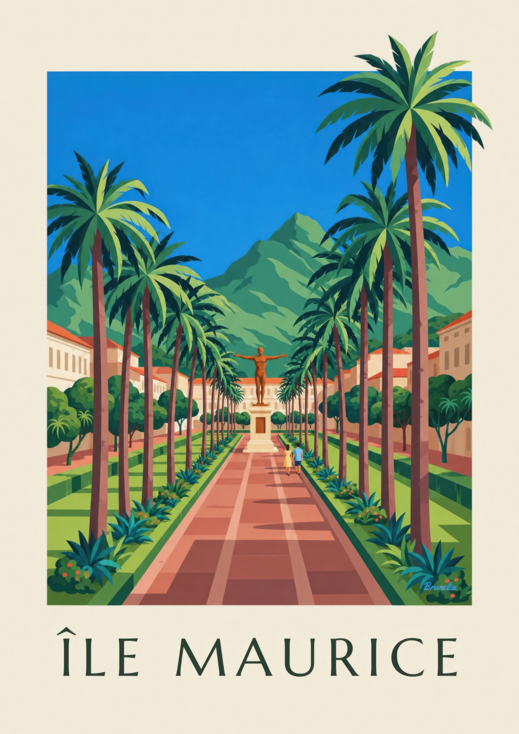 Affiche Port-Louis, place d'Armes et palmiers (titre ÎLE MAURICE): detalle en primer plano