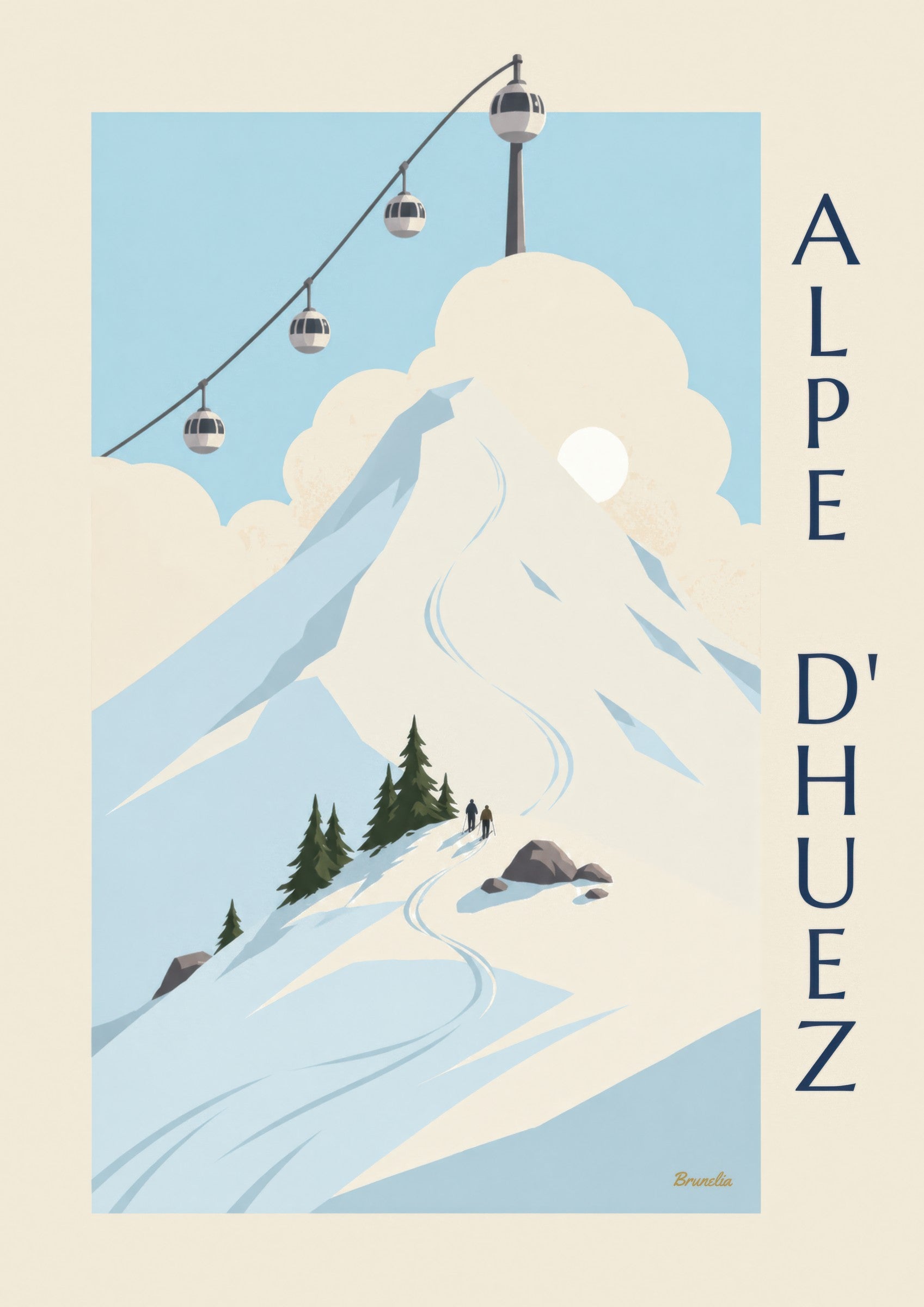 Affiche Alpe d'Huez, cabines œuf au-dessus des pistes: detalle en primer plano