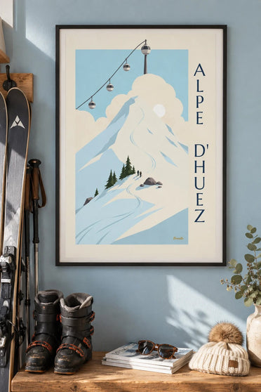 Póster Alpe d'Huez, cabinas de huevo sobre las pistas : enmarcado en la pared