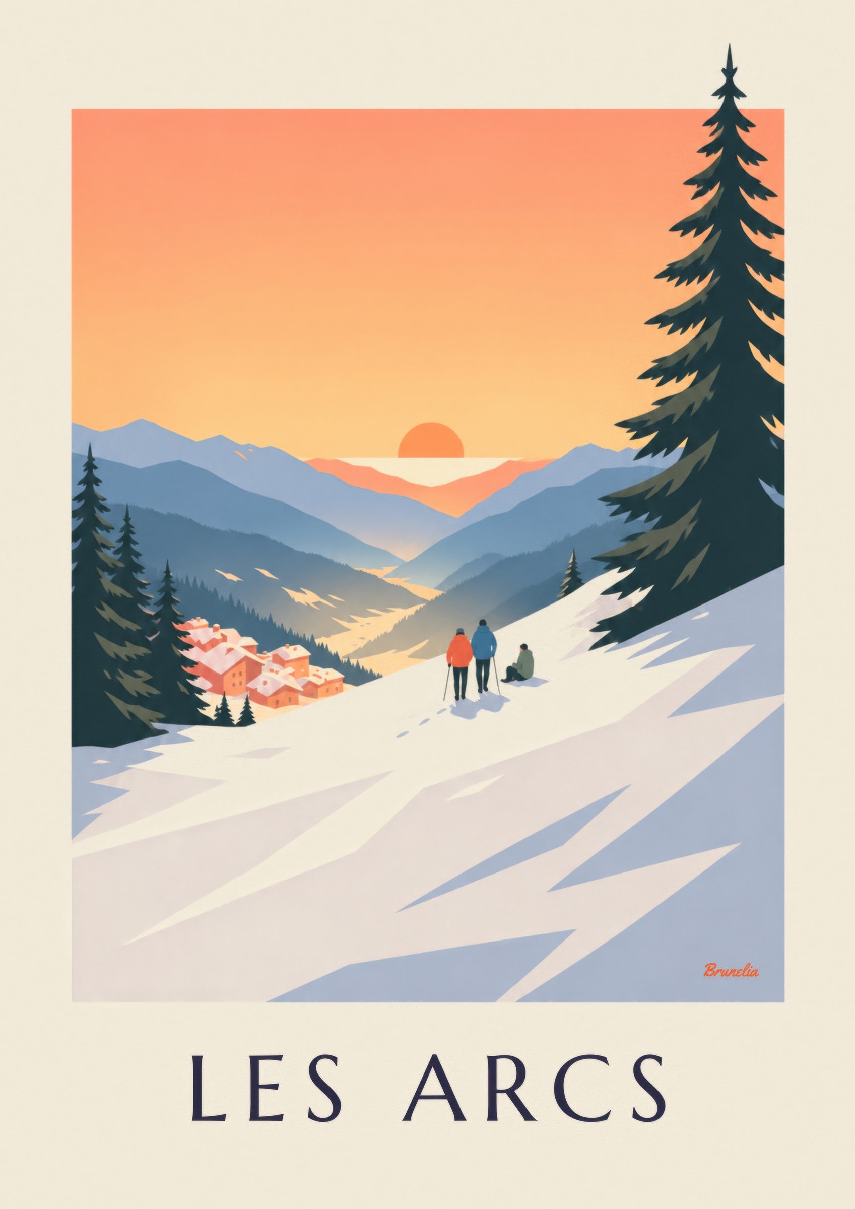 Affiche Les Arcs, coucher de soleil sur Arc 1800: detalle en primer plano