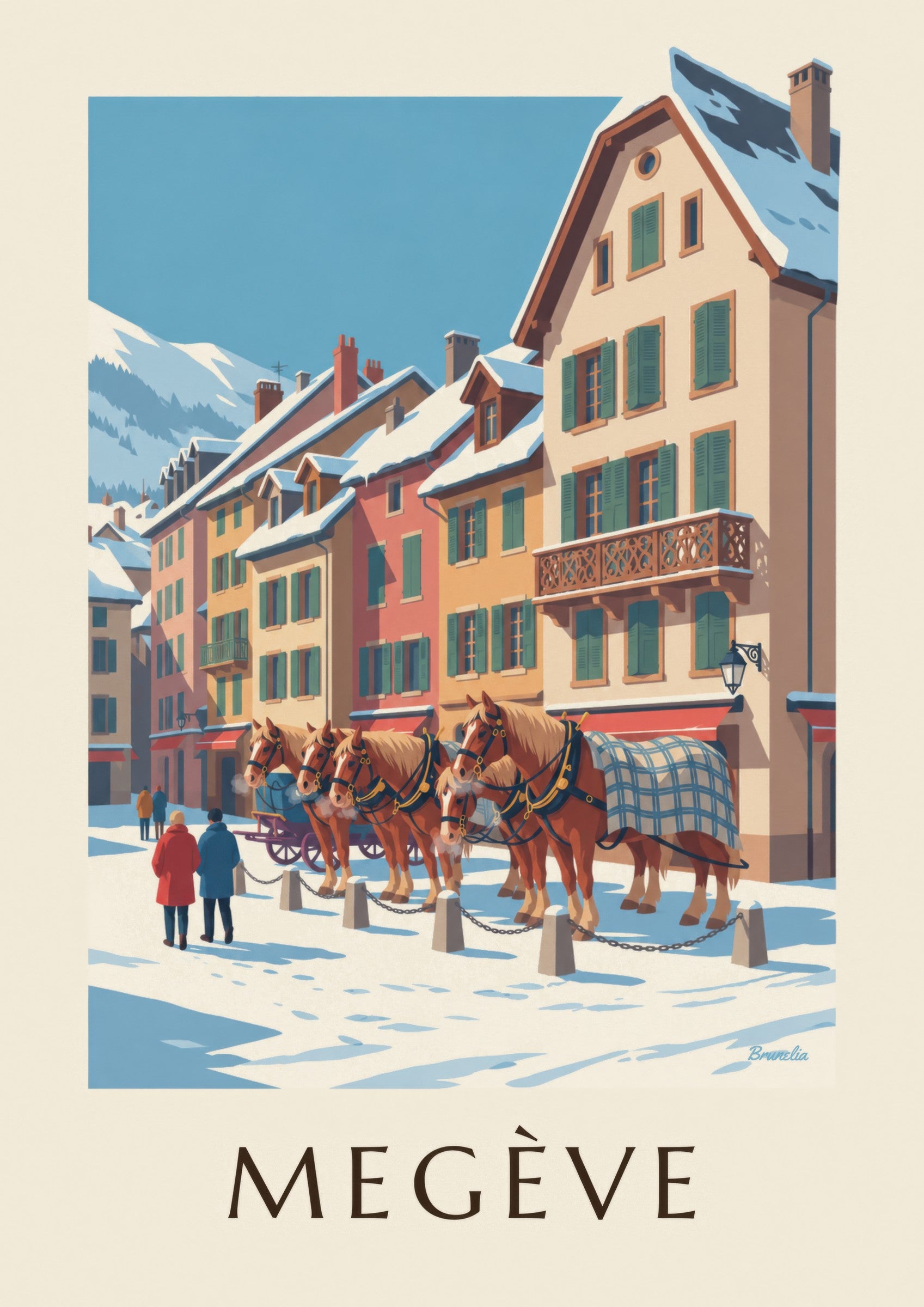 Affiche Megève, chevaux de calèche en hiver: detalle en primer plano