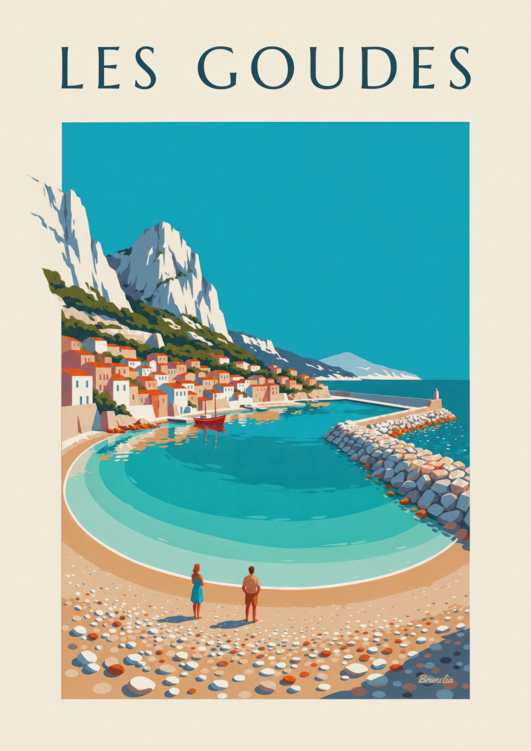 Affiche port des Goudes à Marseille, crique et digue: detalle en primer plano
