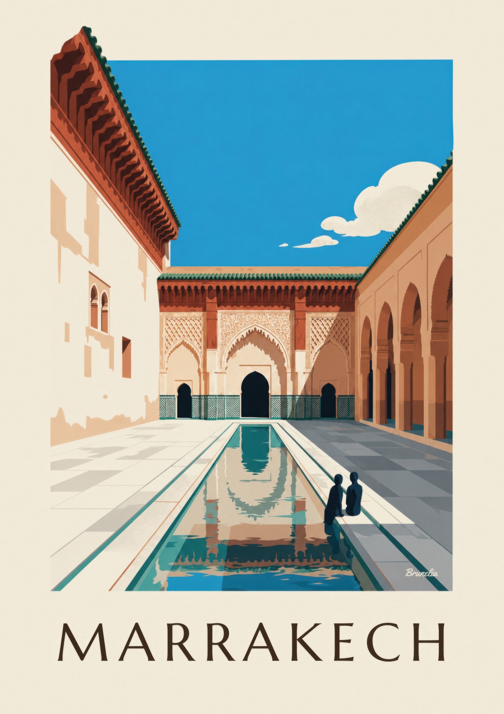Affiche cour de la médersa Ben Youssef à Marrakech: detalle en primer plano