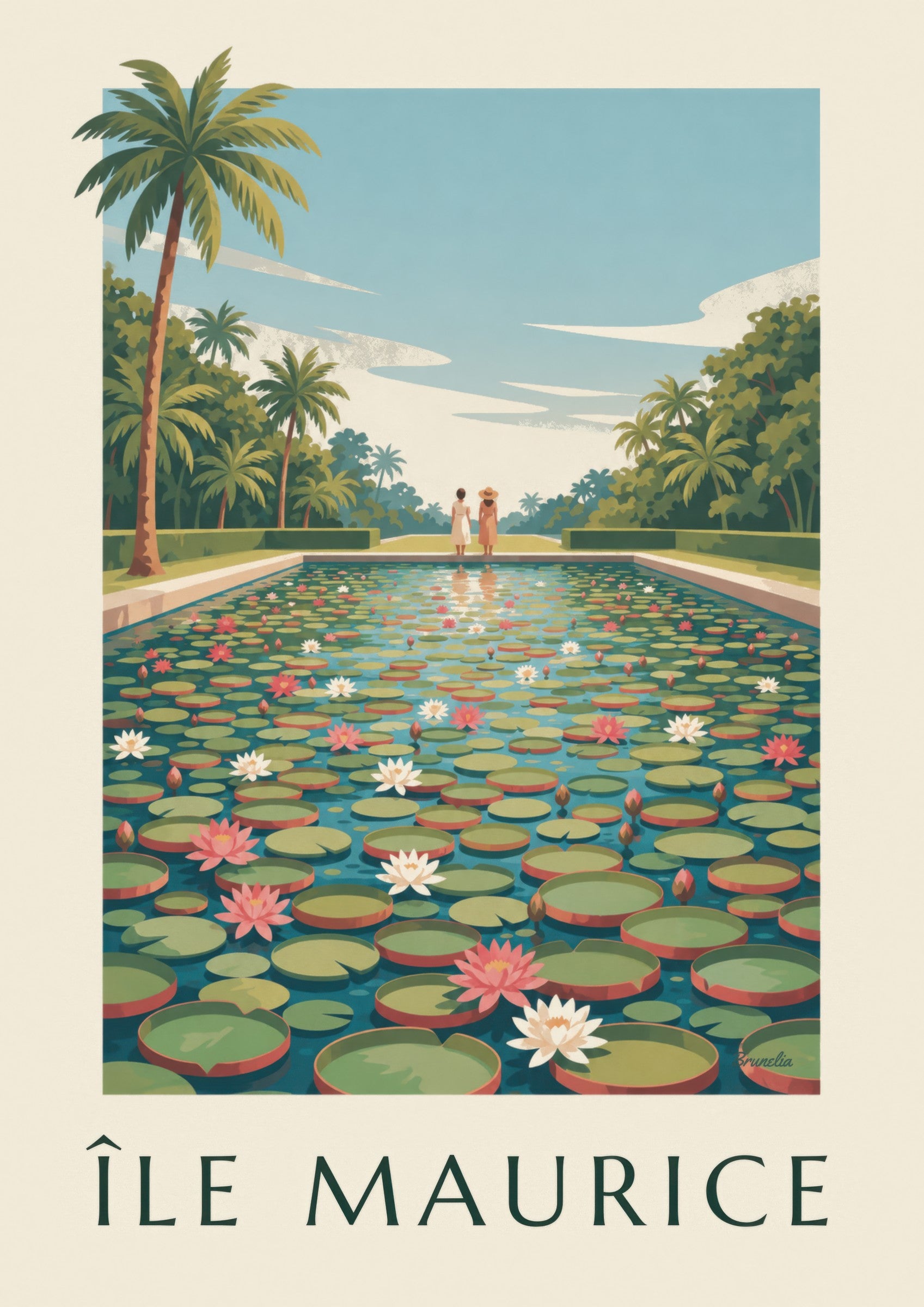 Póster isla Mauricio, nenúfares gigantes (título ISLA MAURICIO): detalle en primer plano