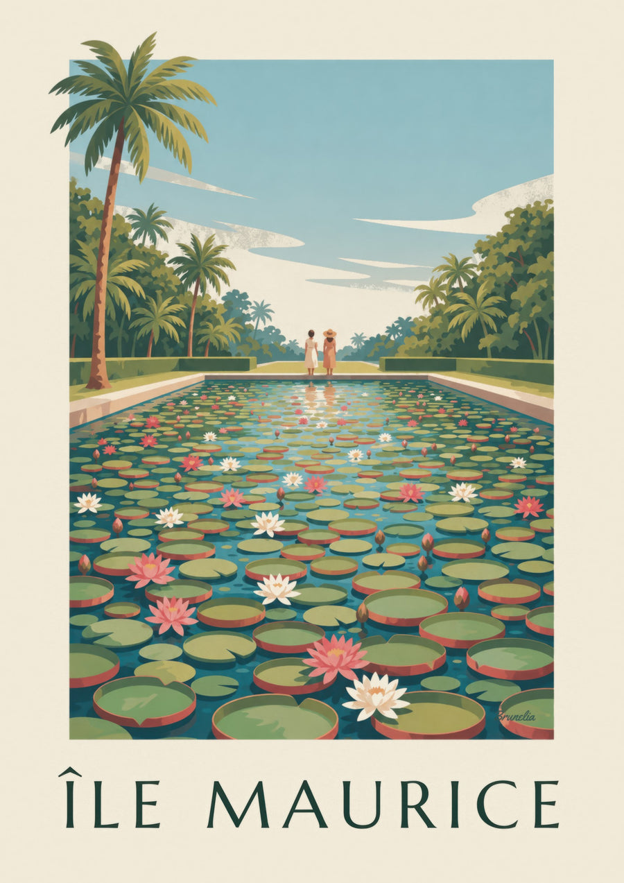 Póster isla Mauricio, nenúfares gigantes (título ISLA MAURICIO)