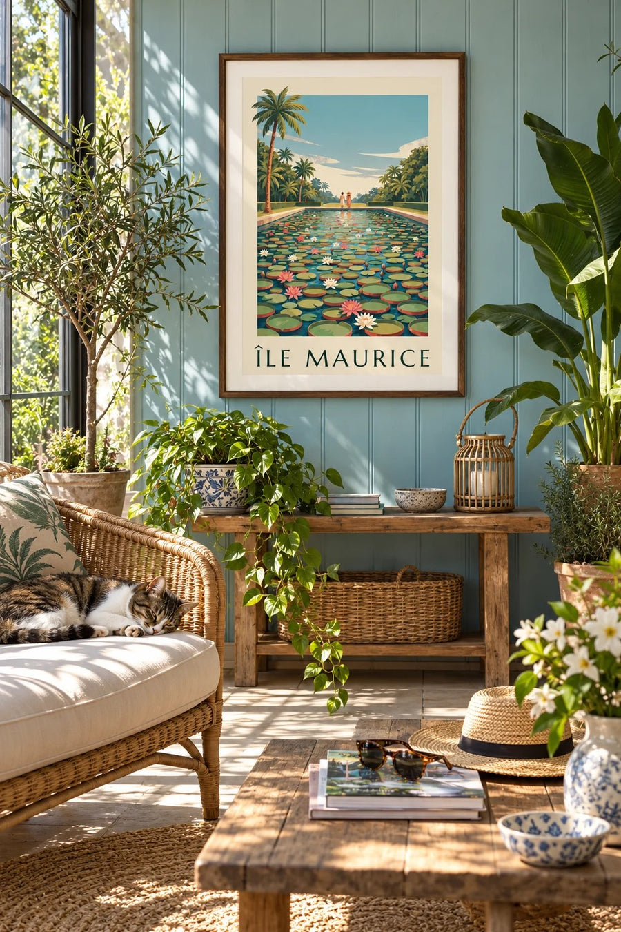 Póster isla Mauricio, nenúfares gigantes (título ISLA MAURICIO) : enmarcado en la pared