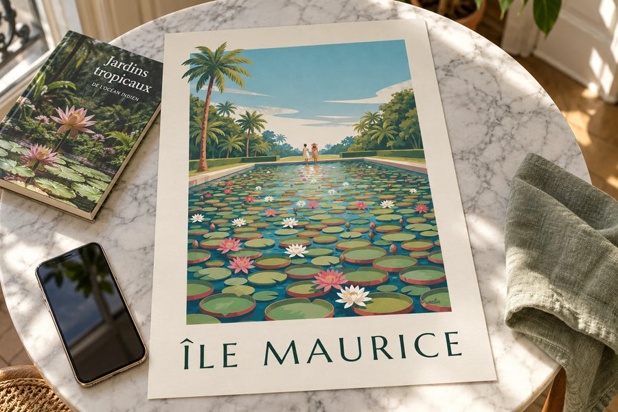 Póster isla Mauricio, nenúfares gigantes (título ISLA MAURICIO) : apoyado sobre una mesa