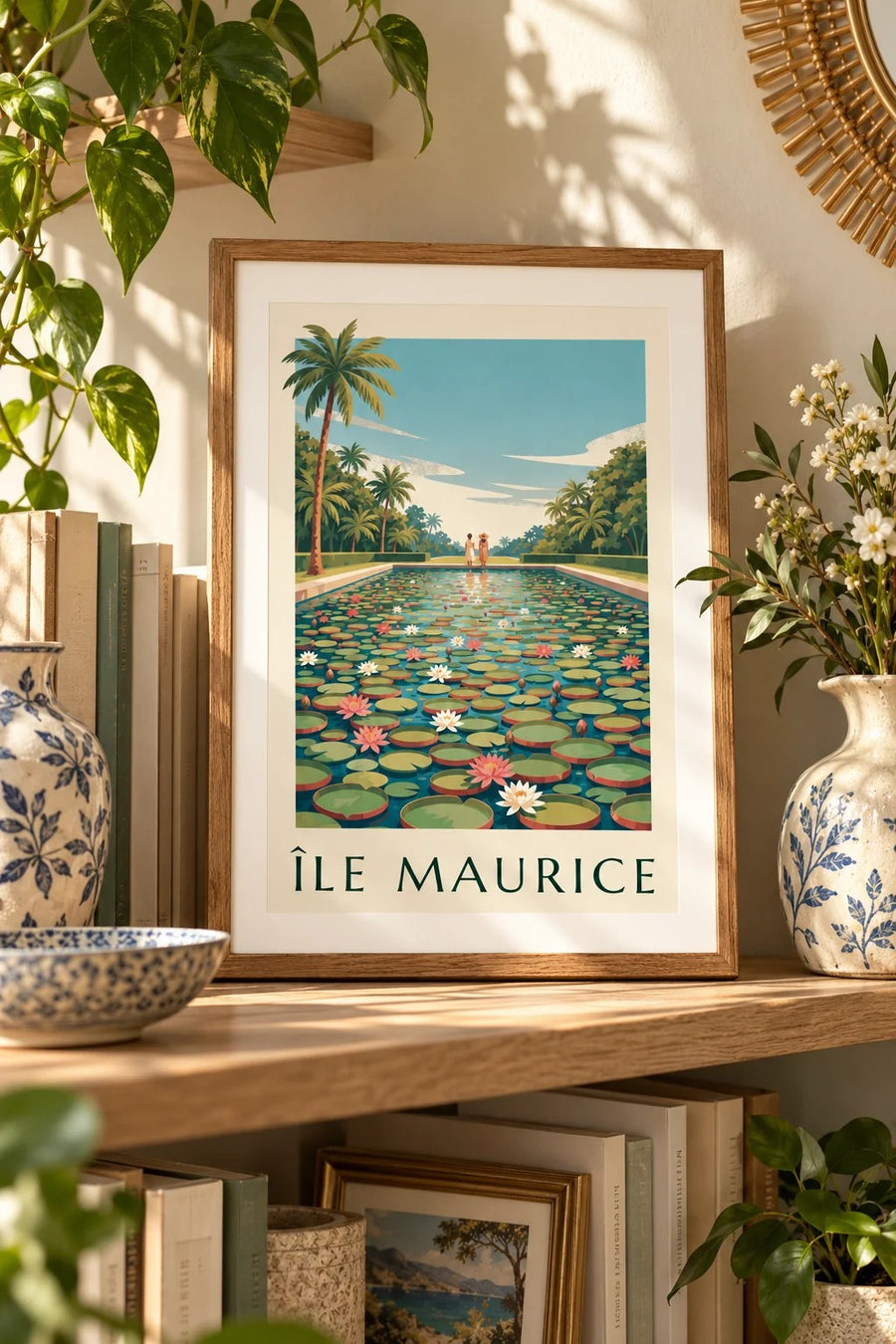 Póster isla Mauricio, nenúfares gigantes (título ISLA MAURICIO) : formato pequeño A4 enmarcado