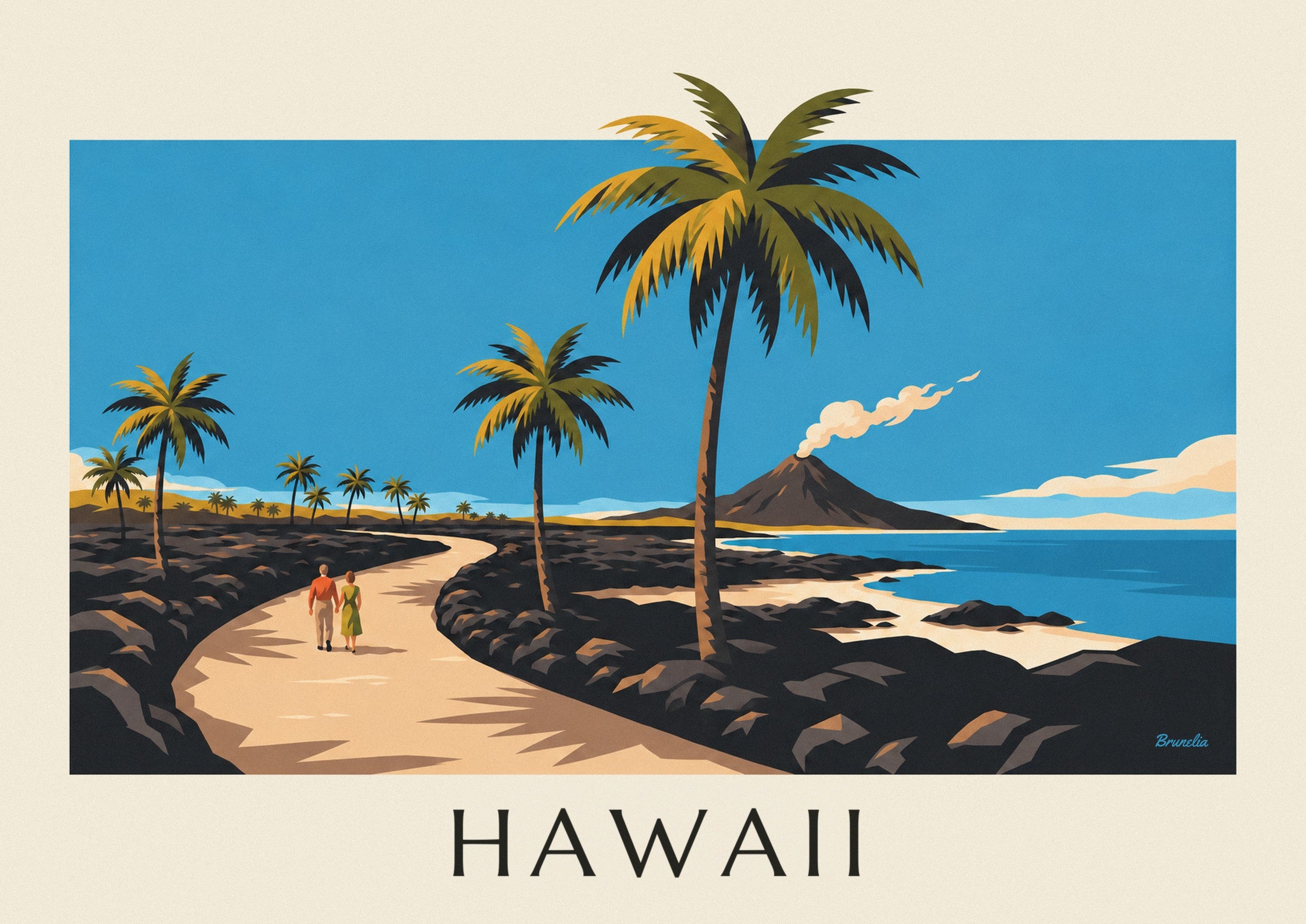 Póster carretera de Hawái entre palmeras y volcán: detalle en primer plano