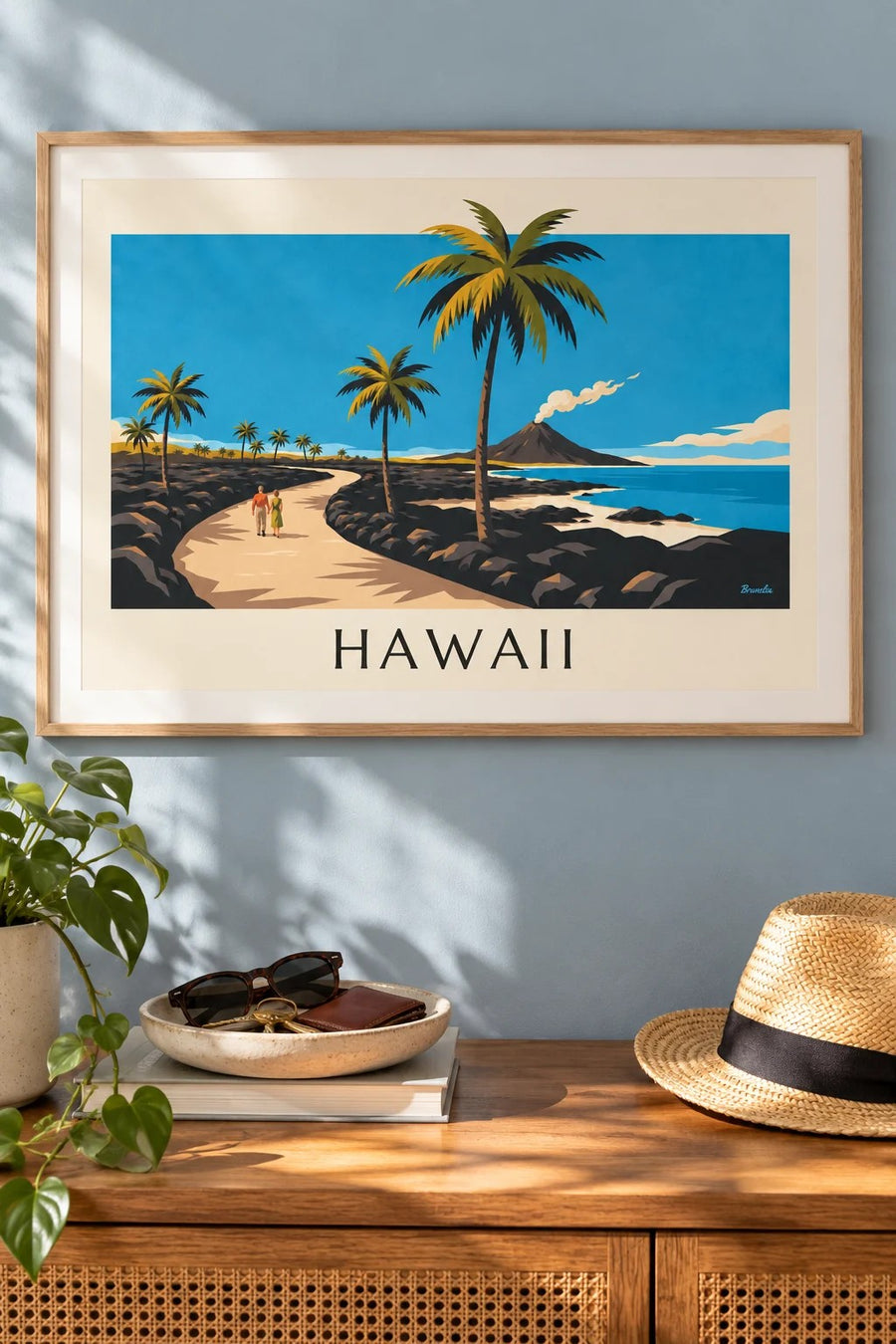 Póster carretera de Hawái entre palmeras y volcán: enmarcado en la pared