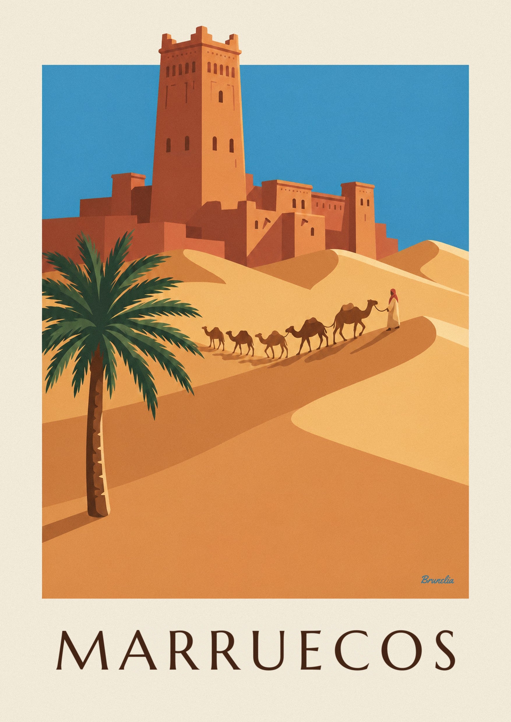 Póster de kasbah y caravana de camellos en el desierto marroquí: detalle en primer plano