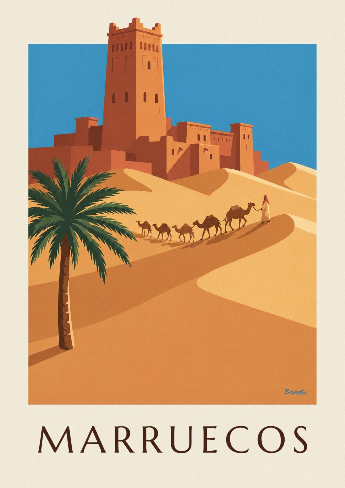 Póster de kasbah y caravana de camellos en el desierto marroquí