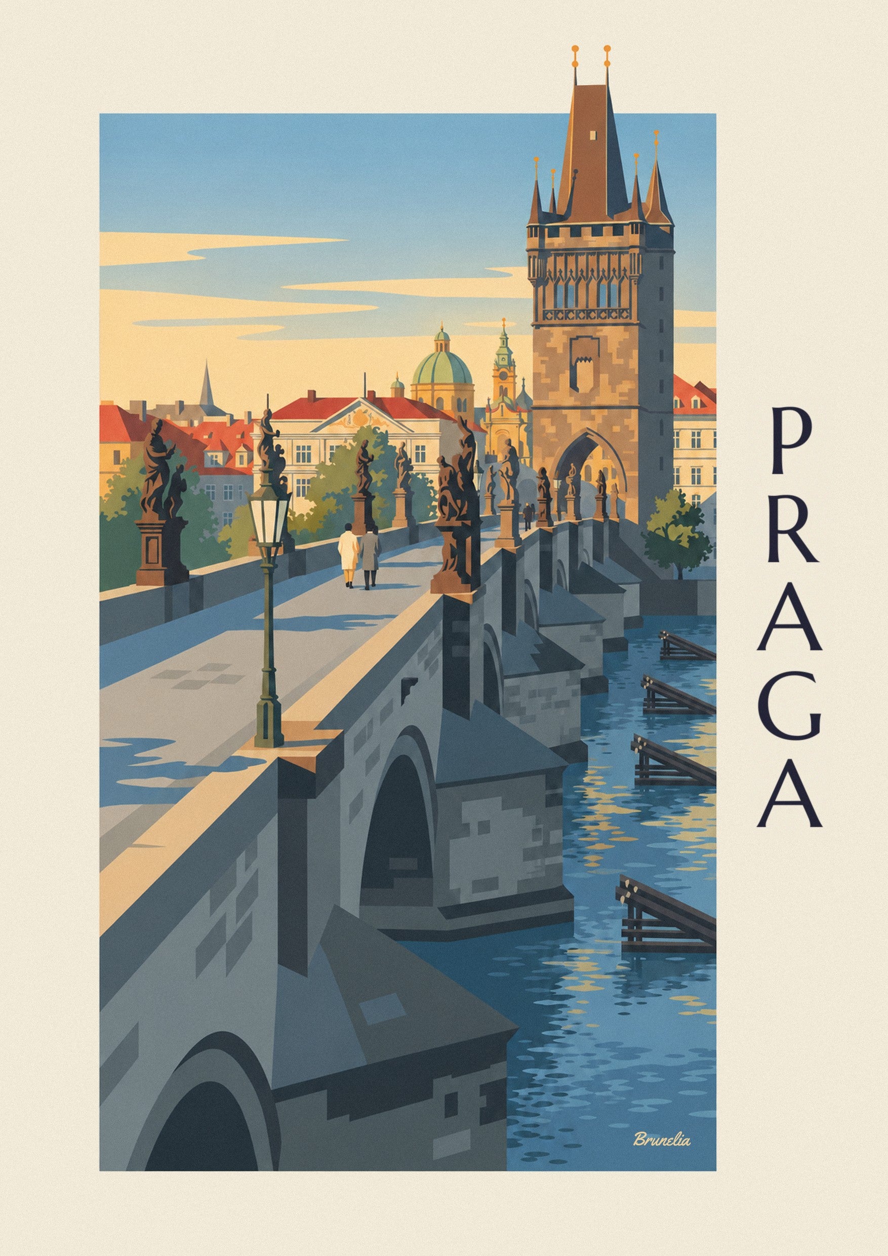 Lámina de Praga, puente de Carlos y torre gótica sobre el Moldava: detalle en primer plano