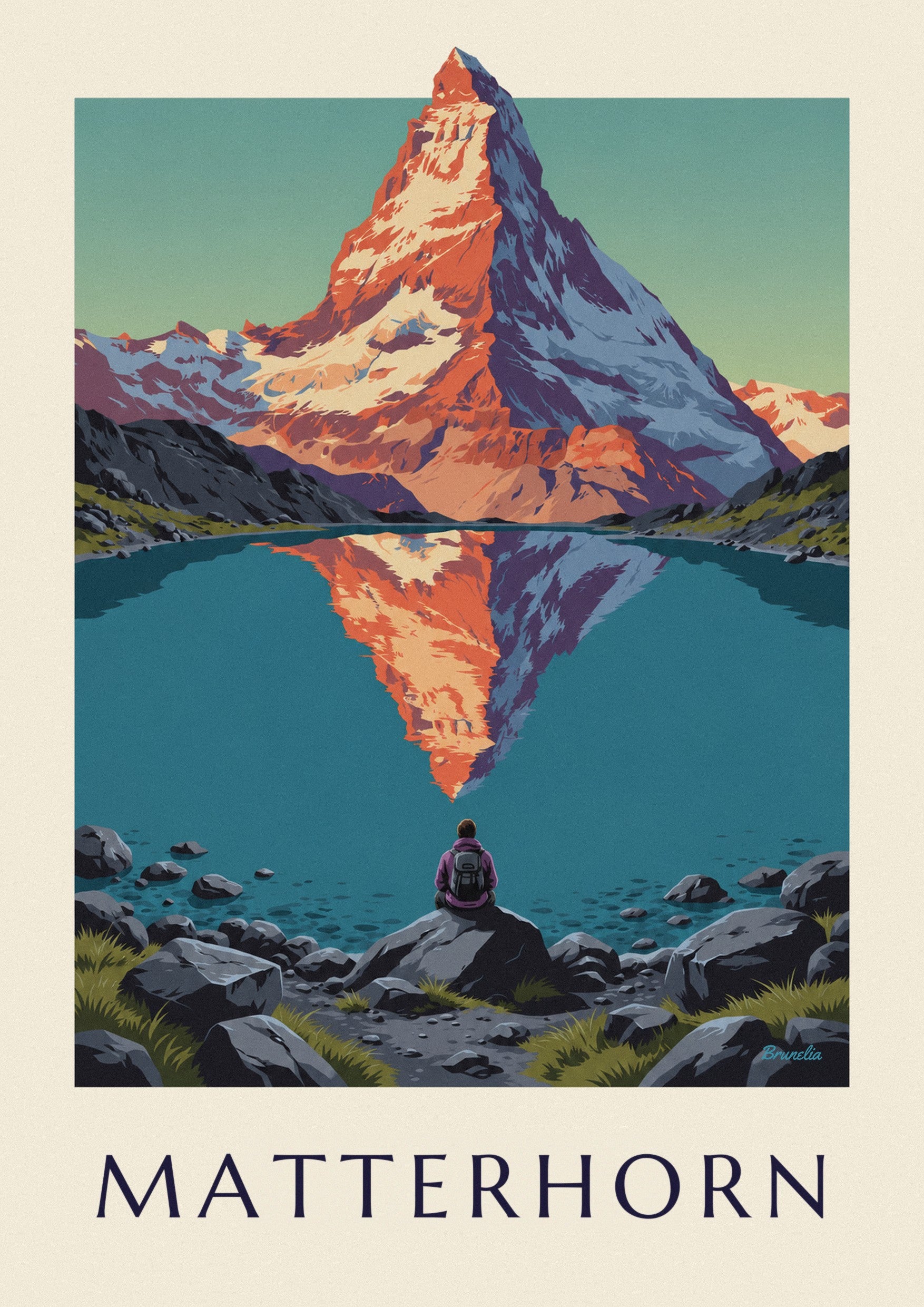 Póster del Cervino al atardecer reflejado en un lago alpino: detalle en primer plano