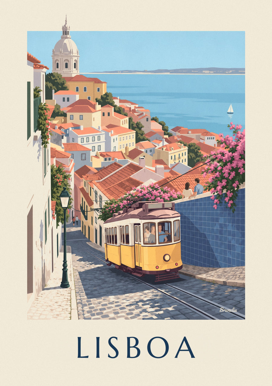 Póster tranvía amarillo en una calle empedrada de Lisboa frente al Tajo