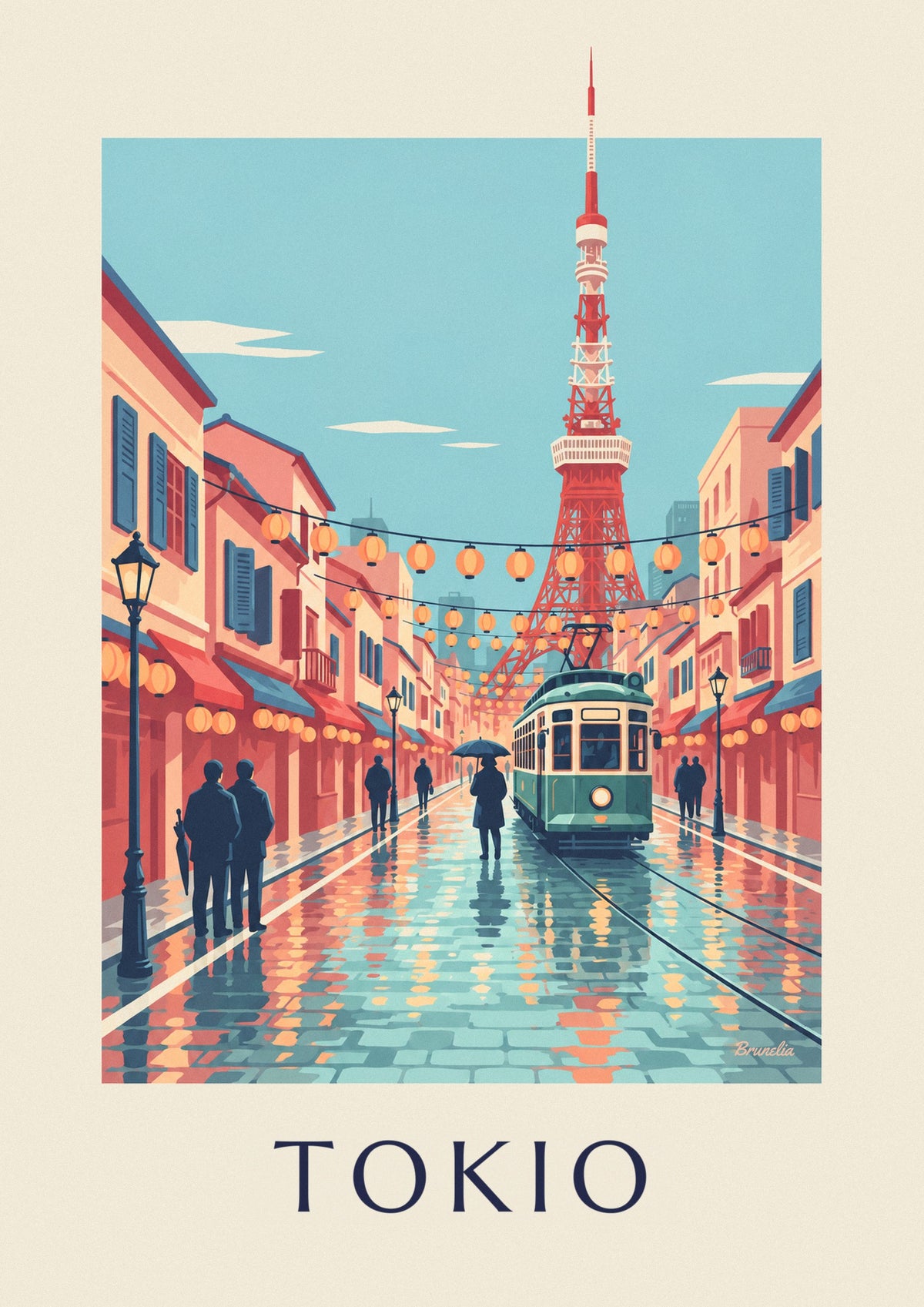 Póster de tranvía antiguo de Tokio y Torre de Tokio al anochecer