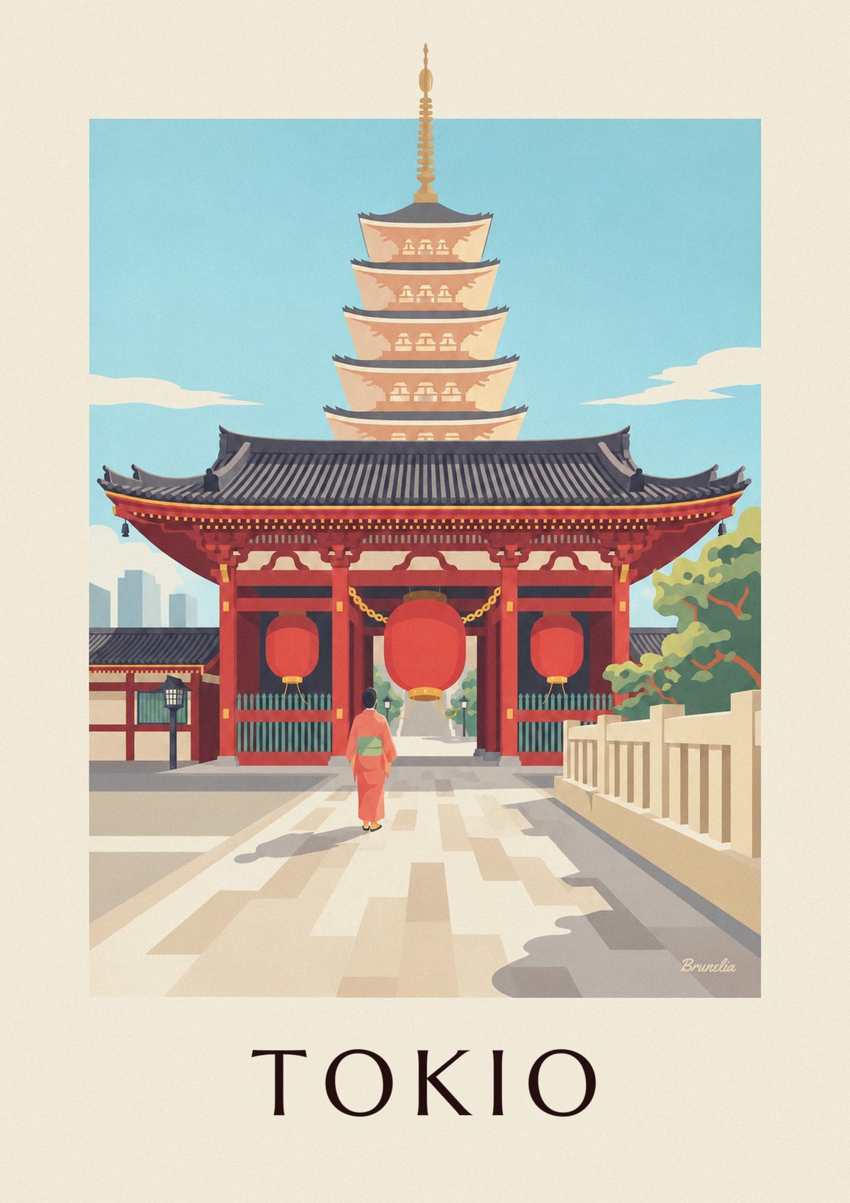 Póster del templo Senso-ji y su gran linterna roja en Tokio