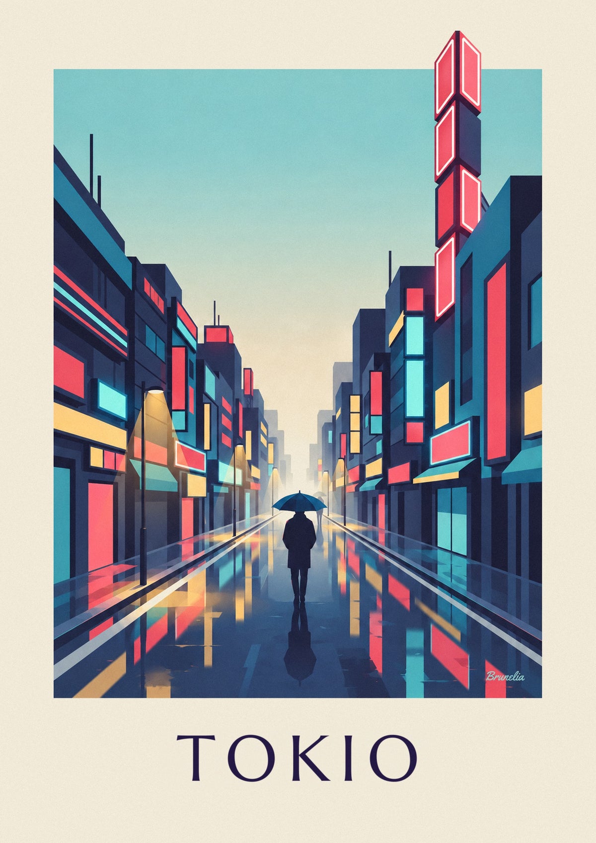 Póster de noche de lluvia y neones en el barrio de Shinjuku, en Tokio