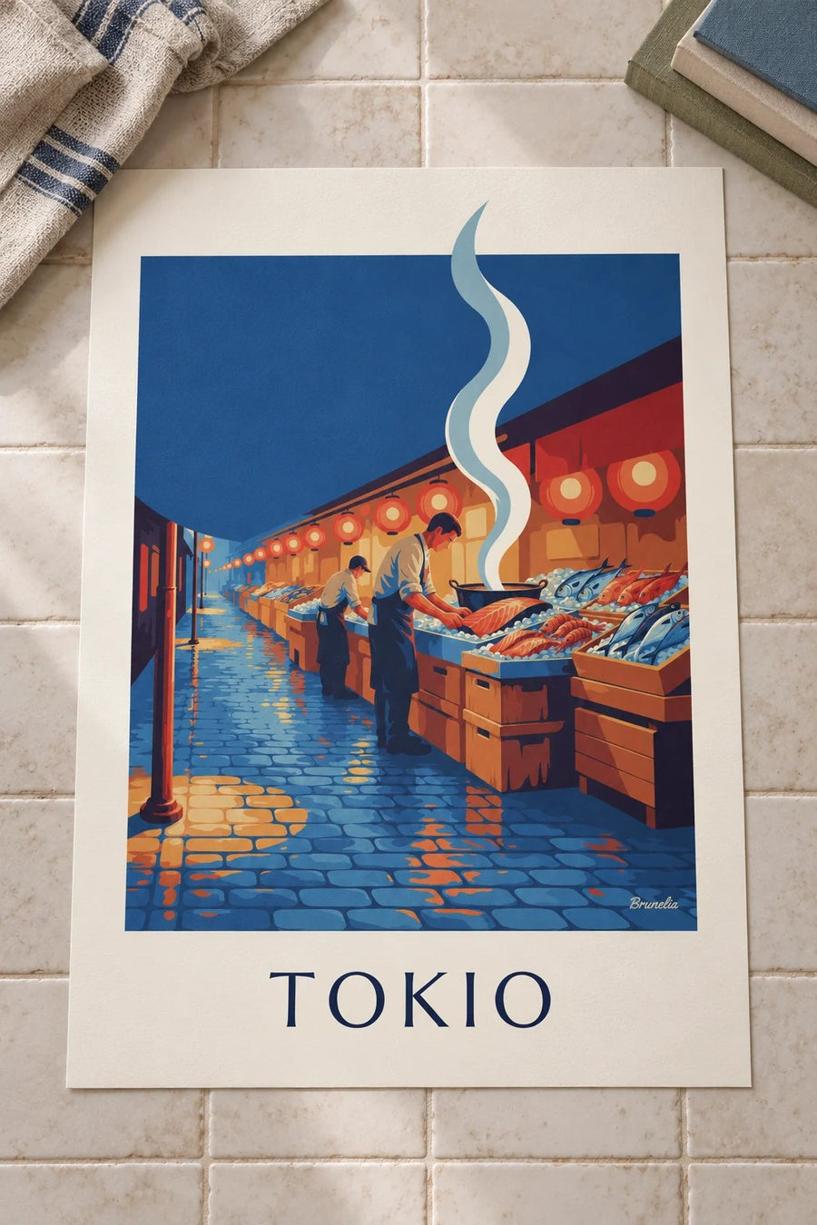 Póster del mercado de pescado de Tokio bajo los farolillos: sobre una mesa