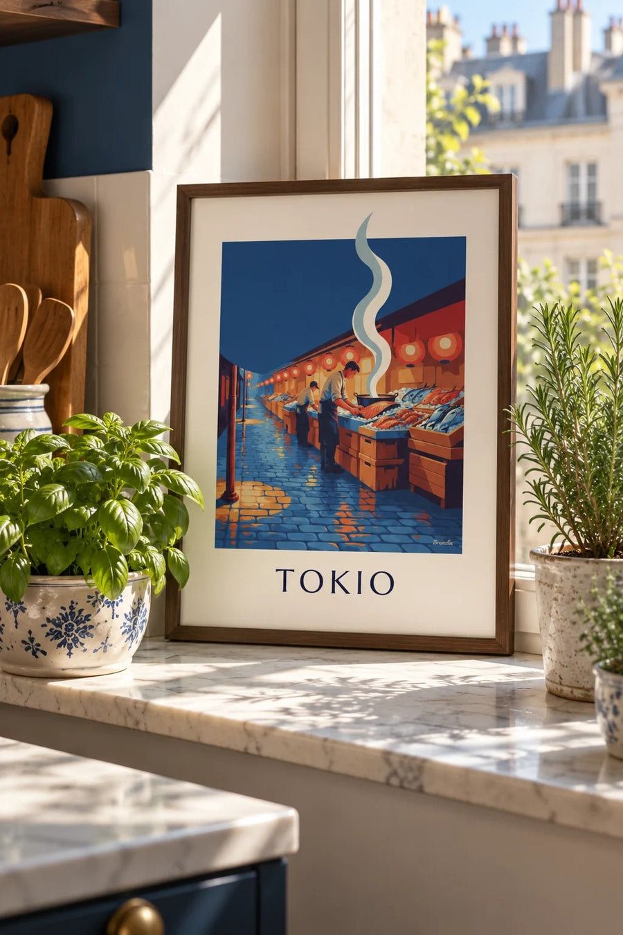 Póster del mercado de pescado de Tokio bajo los farolillos: formato pequeño A4 enmarcado