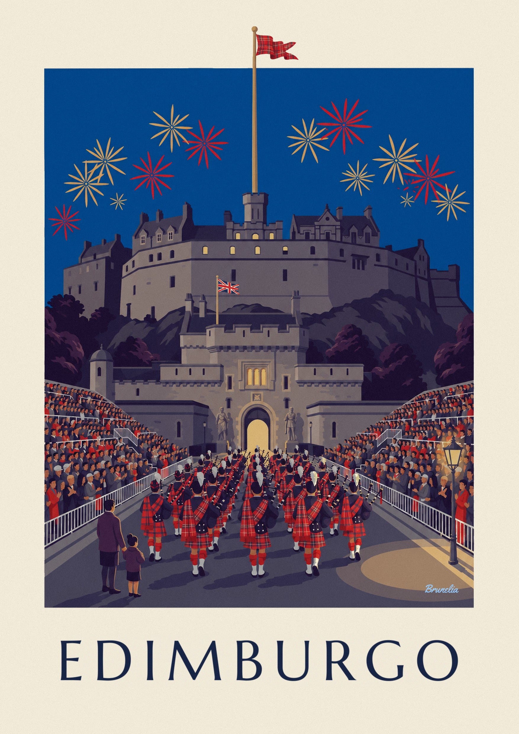 Póster castillo de Edimburgo y Military Tattoo de noche: detalle en primer plano