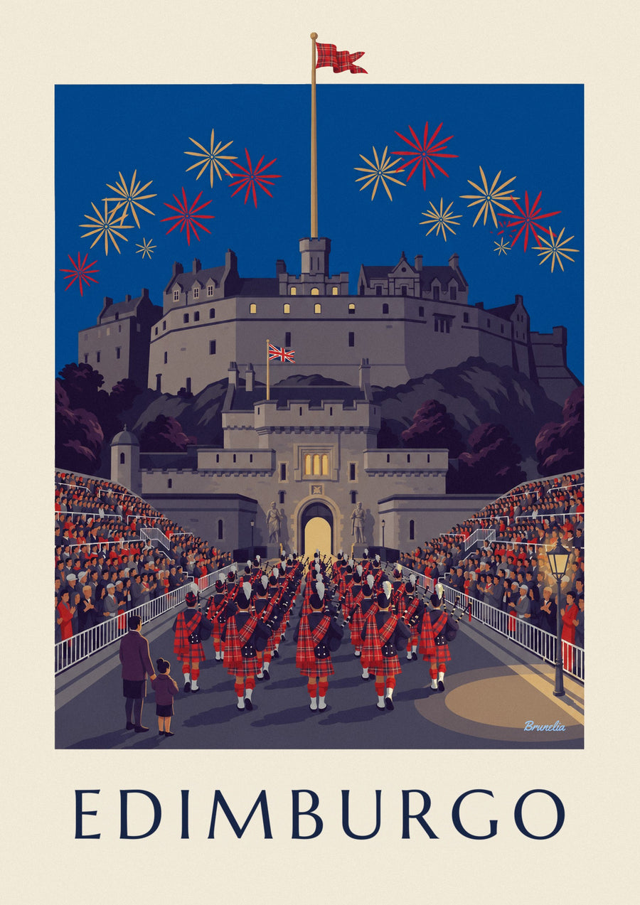 Póster castillo de Edimburgo y Military Tattoo de noche