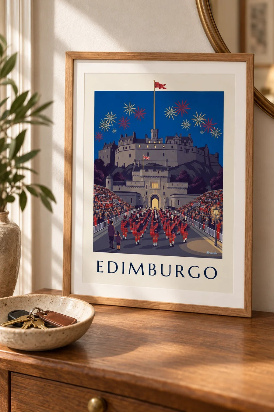Póster castillo de Edimburgo y Military Tattoo de noche: formato pequeño A4 enmarcado