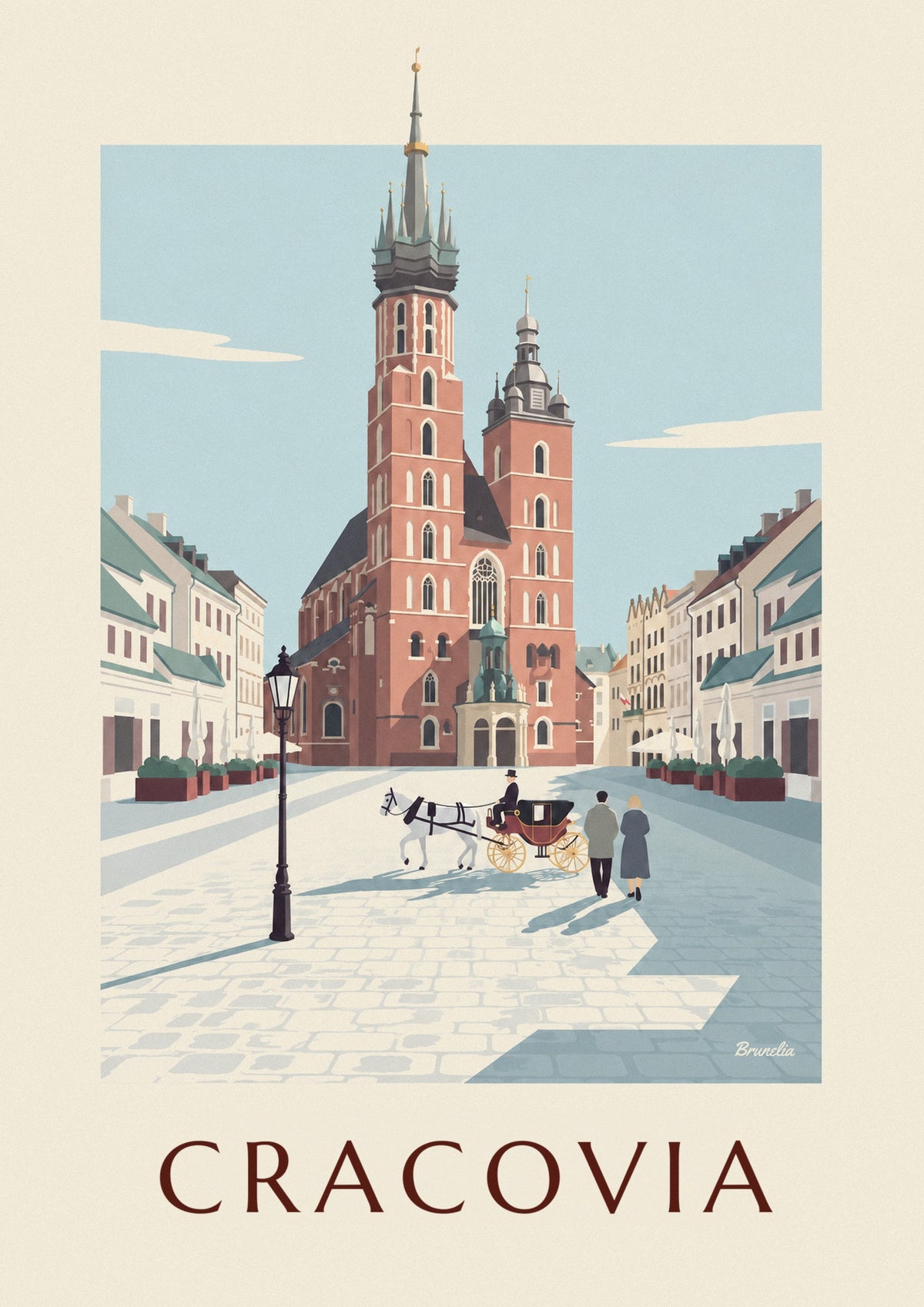 Póster de la basílica de Santa María y un coche de caballos en la plaza de Cracovia