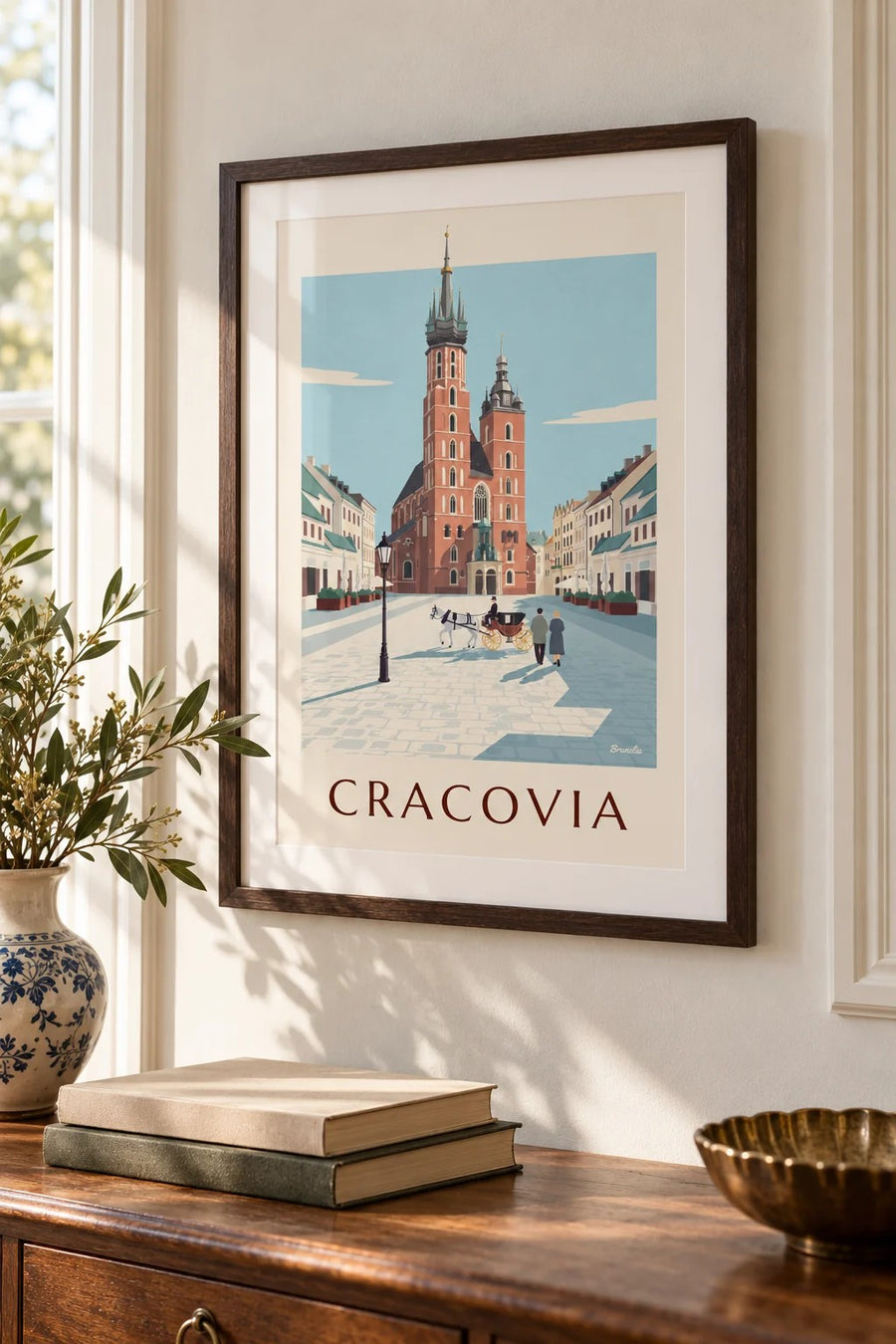 Póster de la basílica de Santa María y un coche de caballos en la plaza de Cracovia: pequeño formato A4 enmarcado