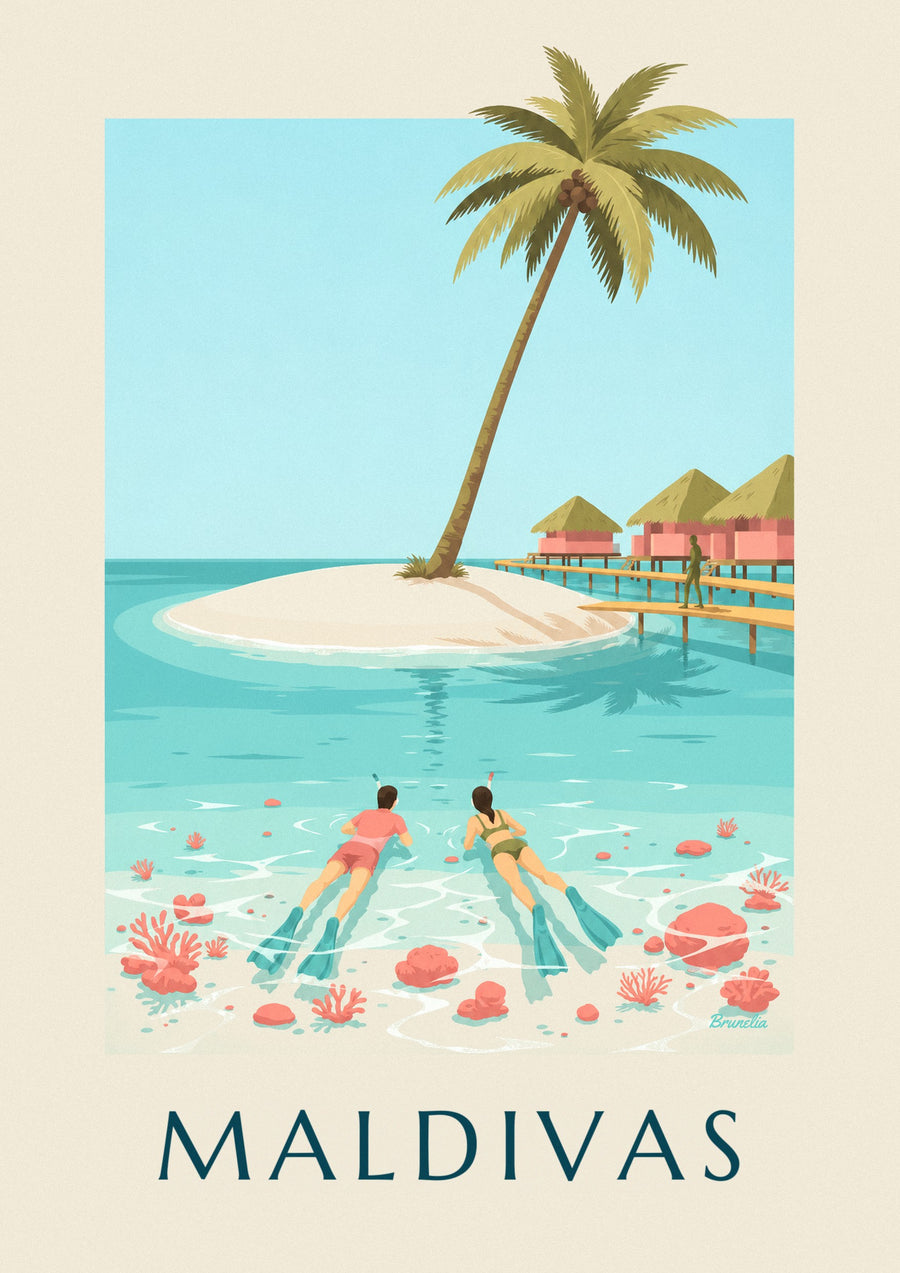 Póster Maldivas, buceadores con tubo sobre los corales de la laguna