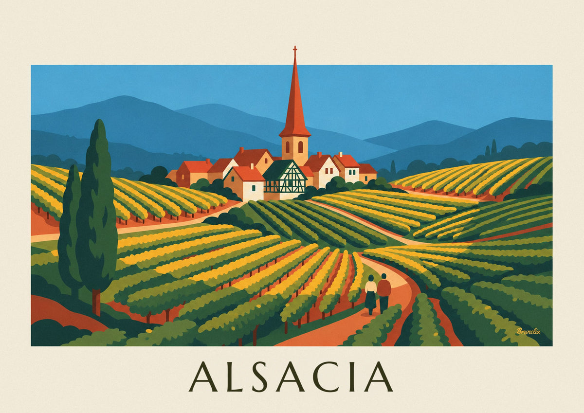 Póster de la ruta del vino y viñedos en terrazas de Alsacia