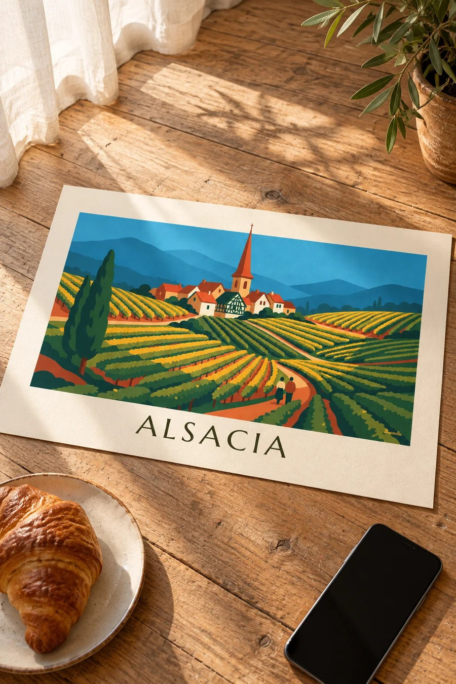 Póster de la ruta del vino y viñedos en terrazas de Alsacia: sobre una mesa
