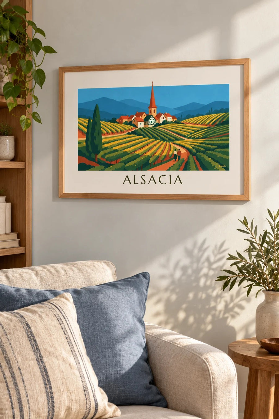 Póster de la ruta del vino y viñedos en terrazas de Alsacia: pequeño formato A4 enmarcado