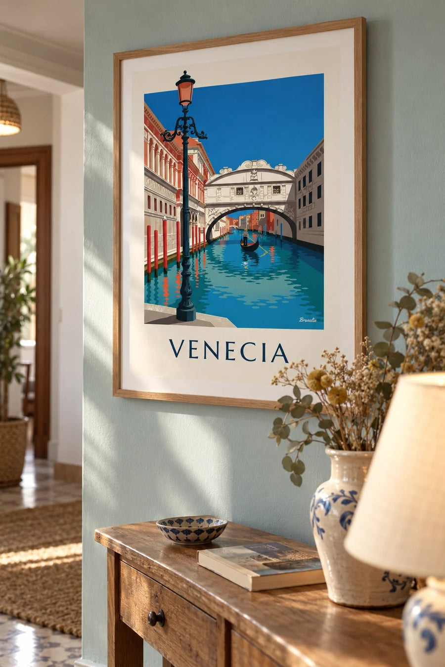 Póster góndola bajo el Puente de los Suspiros en Venecia: enmarcado en la pared