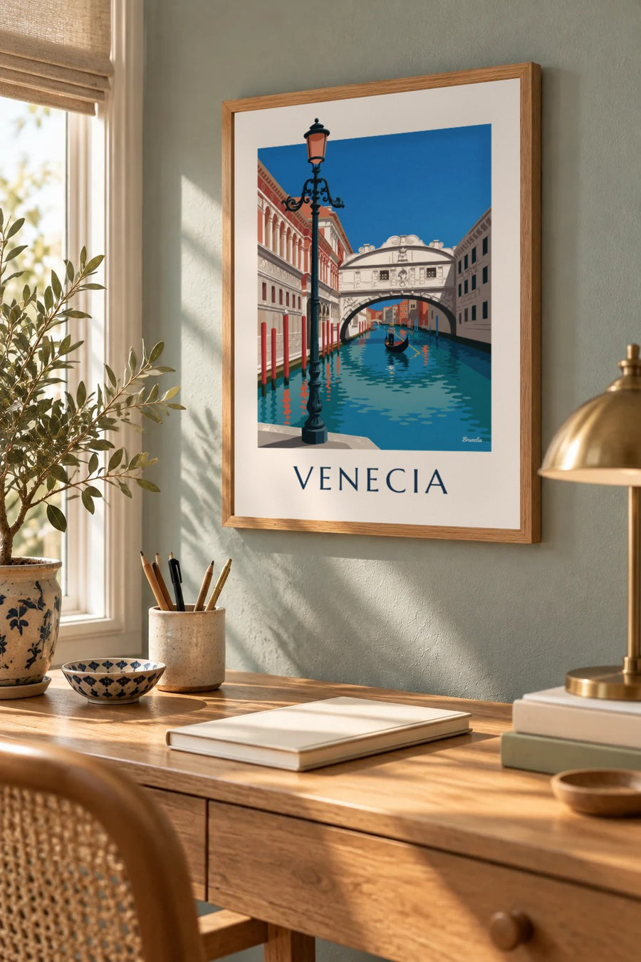 Póster góndola bajo el Puente de los Suspiros en Venecia: pequeño formato A4 enmarcado