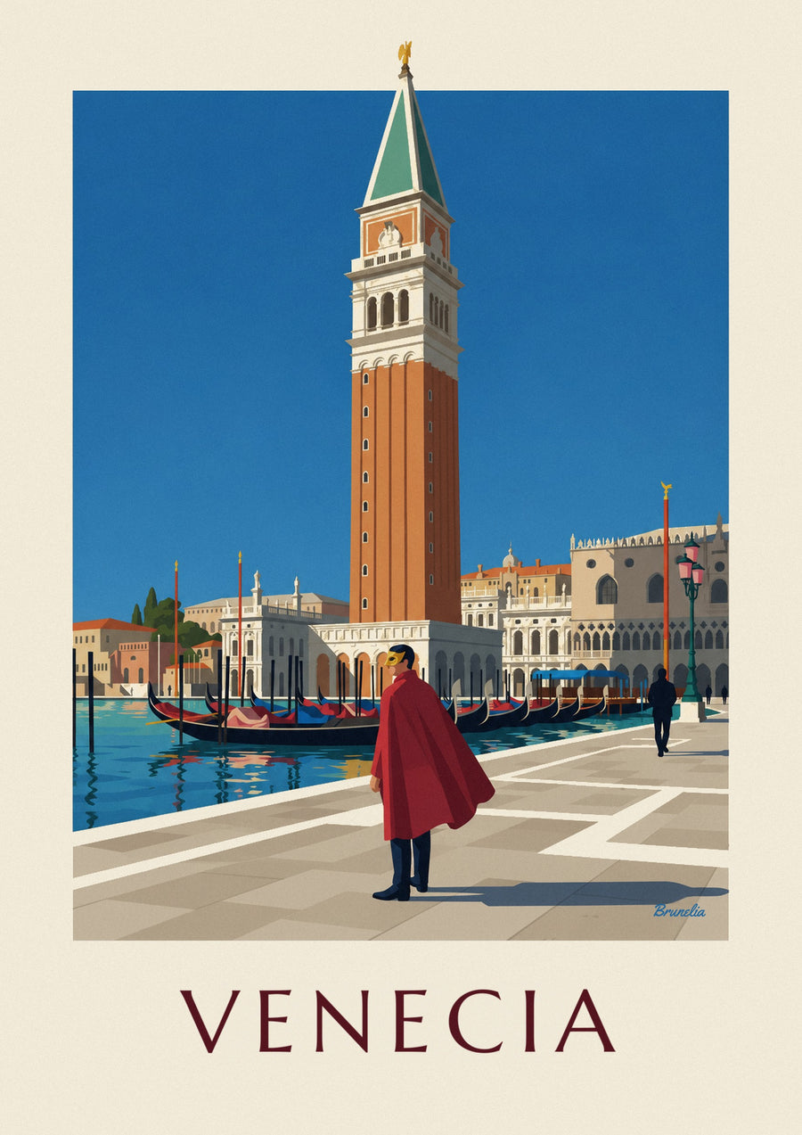 Póster hombre enmascarado con capa roja frente al campanile de San Marcos