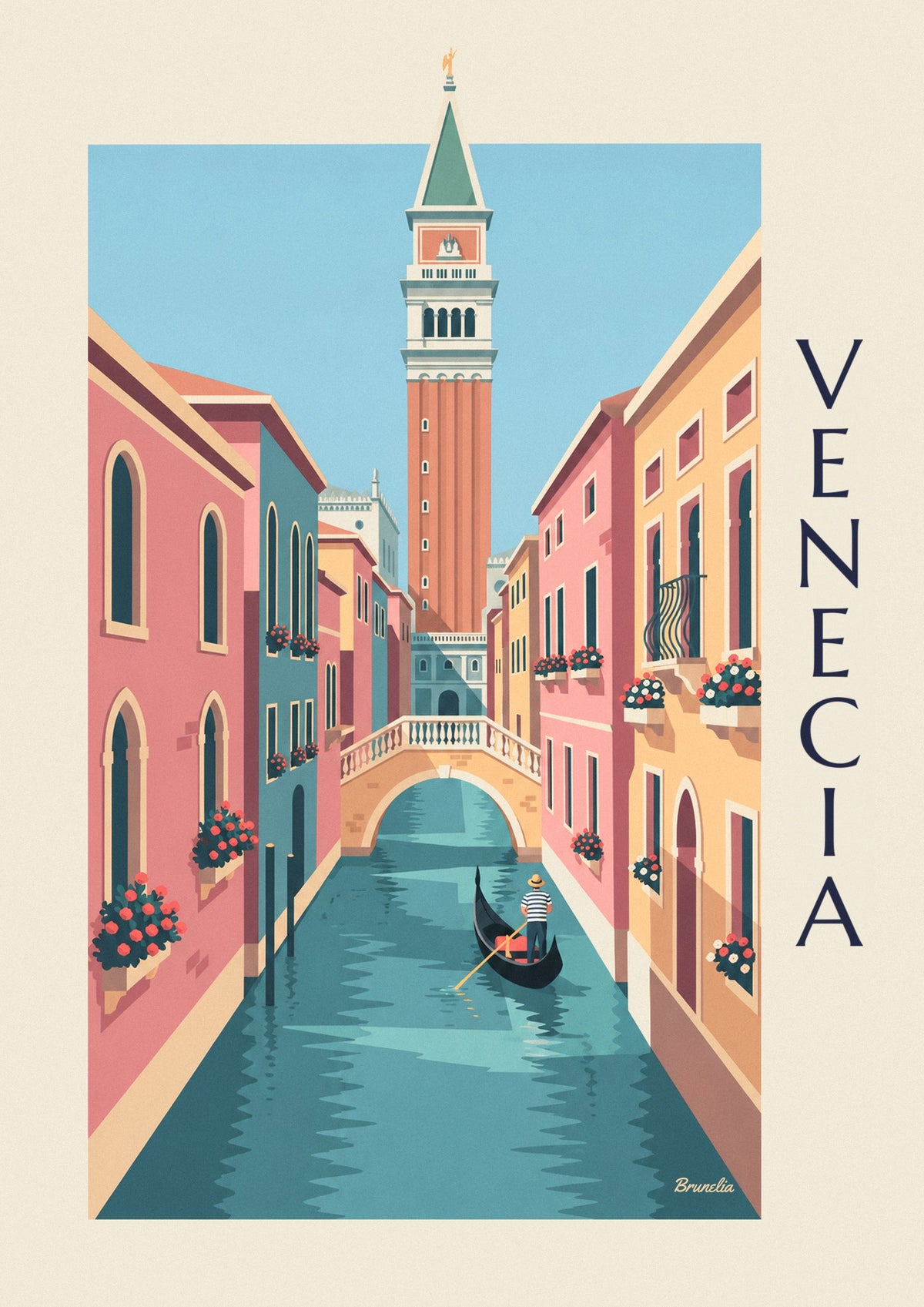 Póster de gondolero en un pequeño canal bajo el Campanile de Venecia