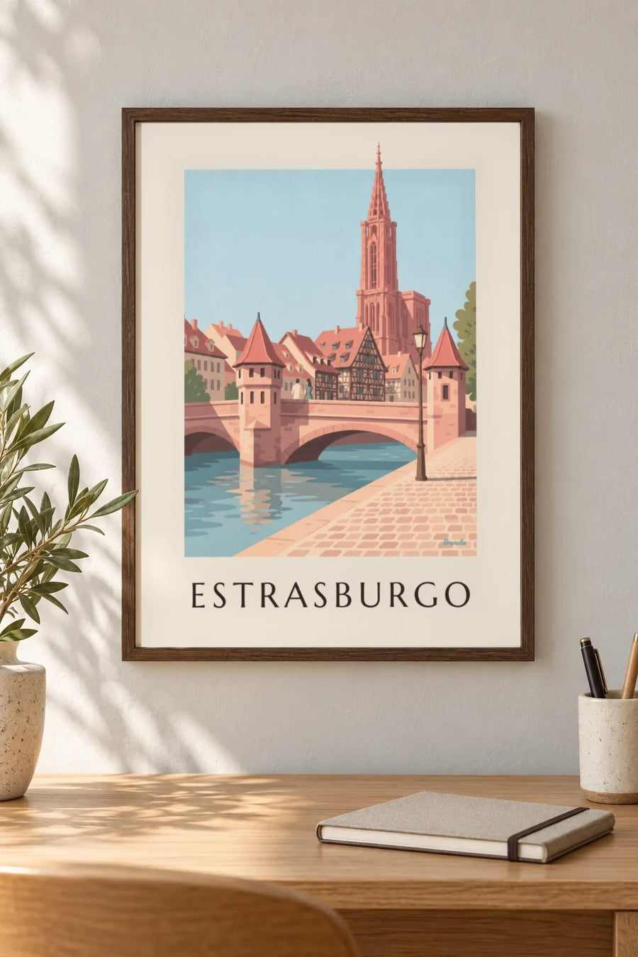 Póster catedral de Estrasburgo y puente medieval: formato pequeño A4 enmarcado