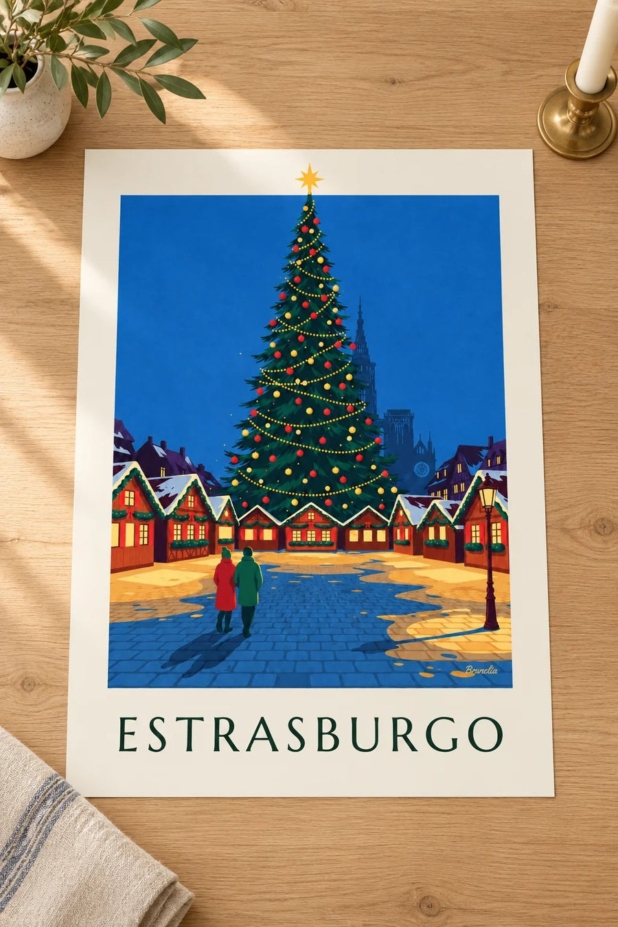 Póster mercado de Navidad de Estrasburgo en la plaza Kléber: sobre una mesa