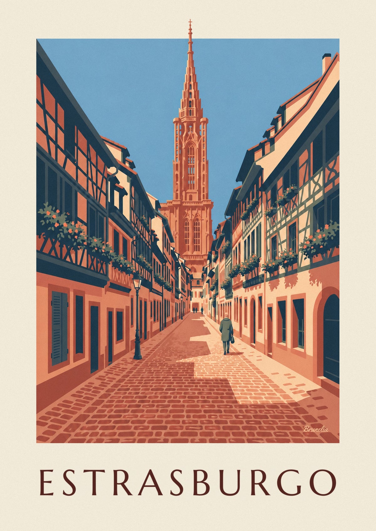 Póster callejuela empedrada y catedral del casco antiguo de Estrasburgo