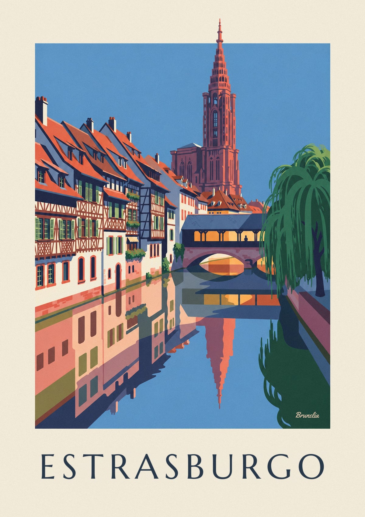Póster casas de entramado y puente cubierto de la Petite France en Estrasburgo